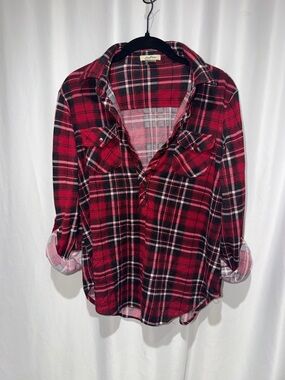 Love Potion Flannel Plaid V-Neck Button-Up Flannel Shirt Long Sleeve Top S